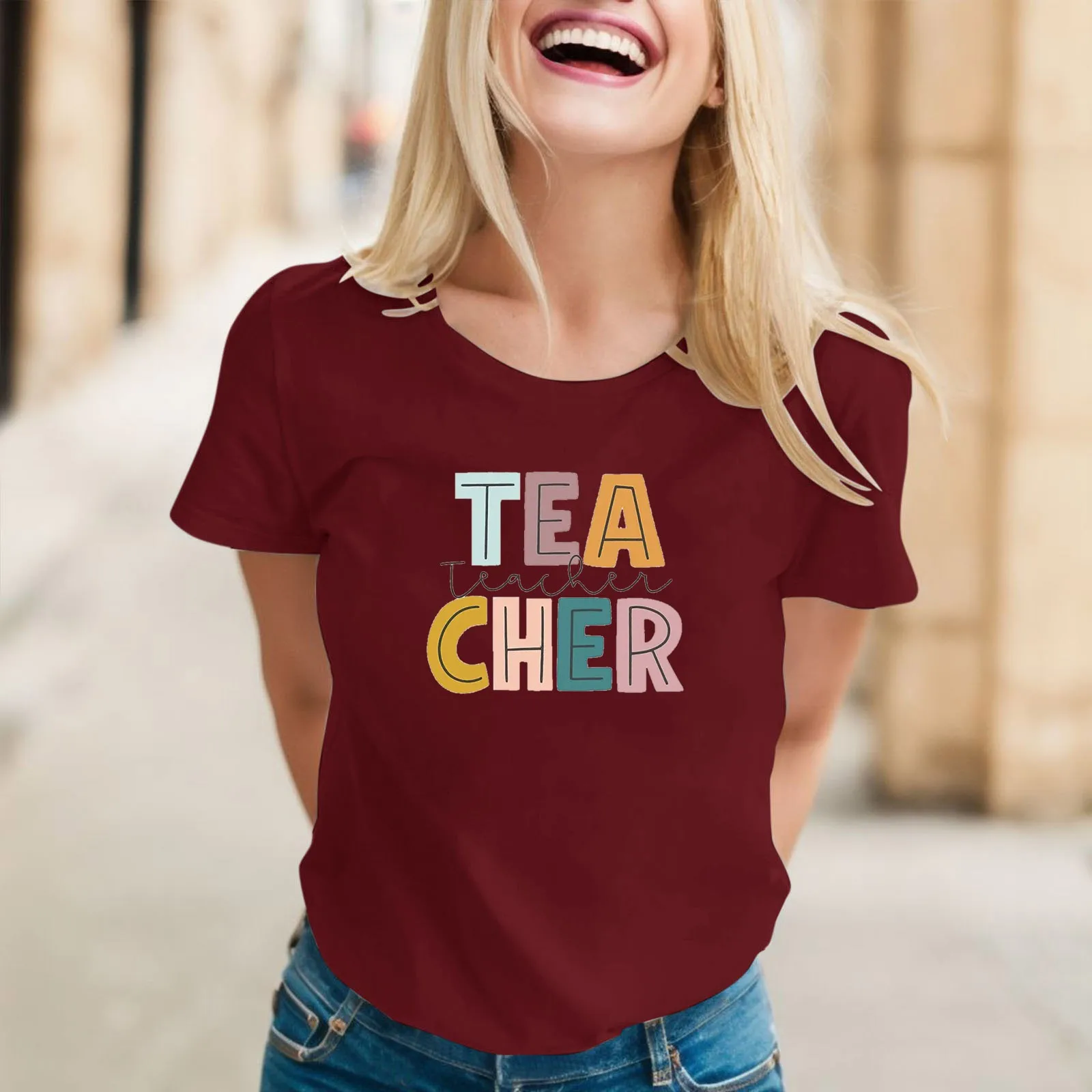 

Crew Neck Top Teacher's Day Best Gift Casual For Girls Tees Top in My Teacher Era&pencil Pattern Print T-shirt Short Sleeve