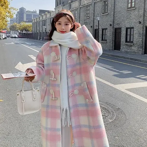 معطف صوفي منقوش لطيف وأنيق للنساء النسخة الكورية الجديدة معطف صوفي بزر قرن البقرة صغير #5