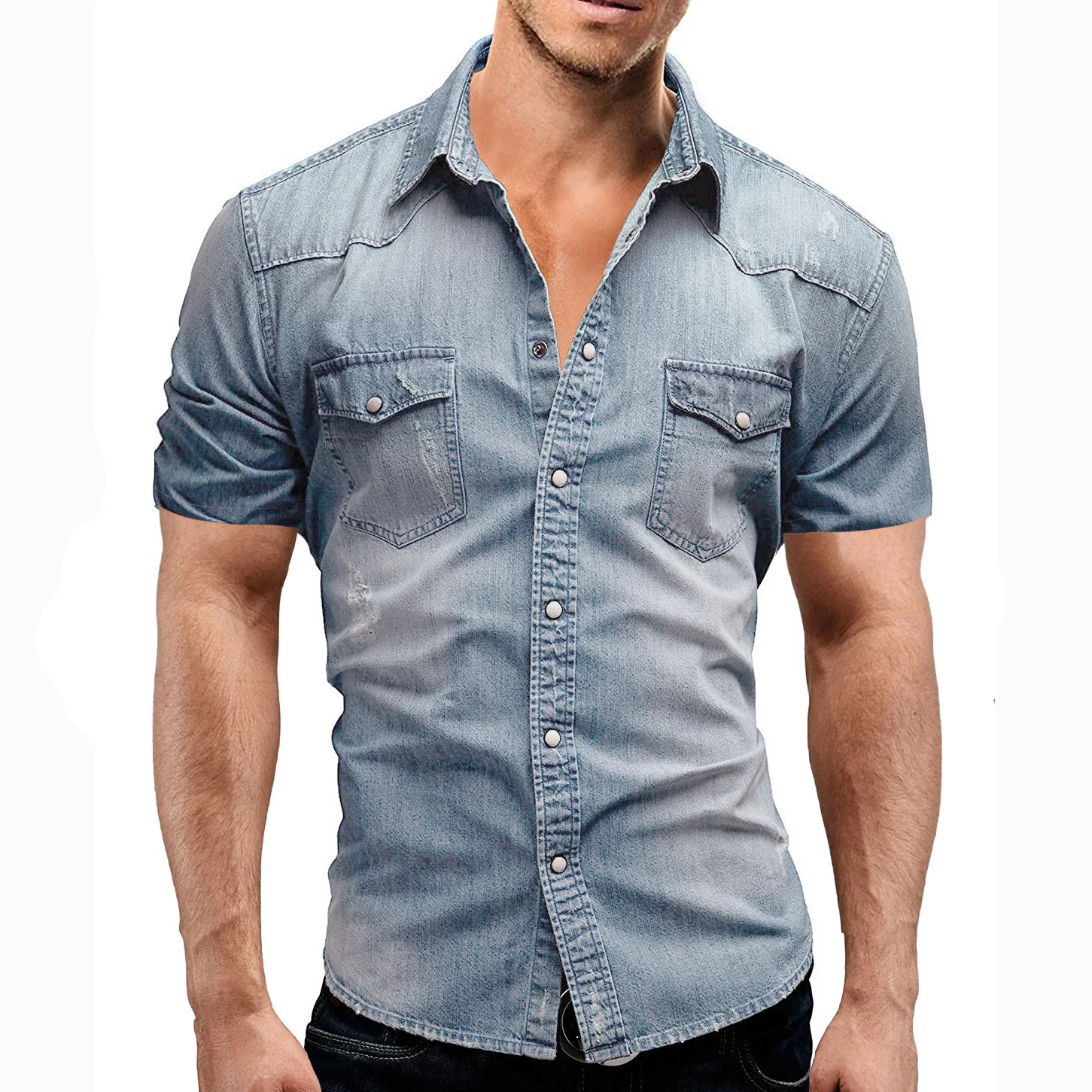 Men  Lapel Short Sleeve Flap Pockets Denim Shirt Summer Single-breasted Office Shirt Solid Color Denim Shirt Top Streetwear