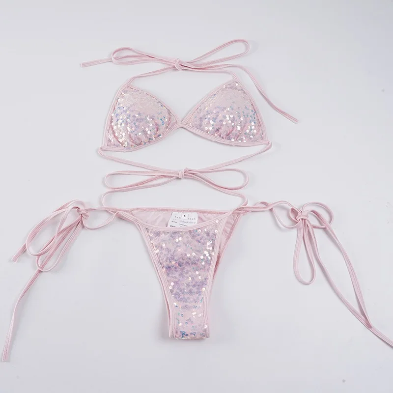

Sexy Pink Lace-up Beach Vacation Sequins Bikini Set Micro Bikini Women