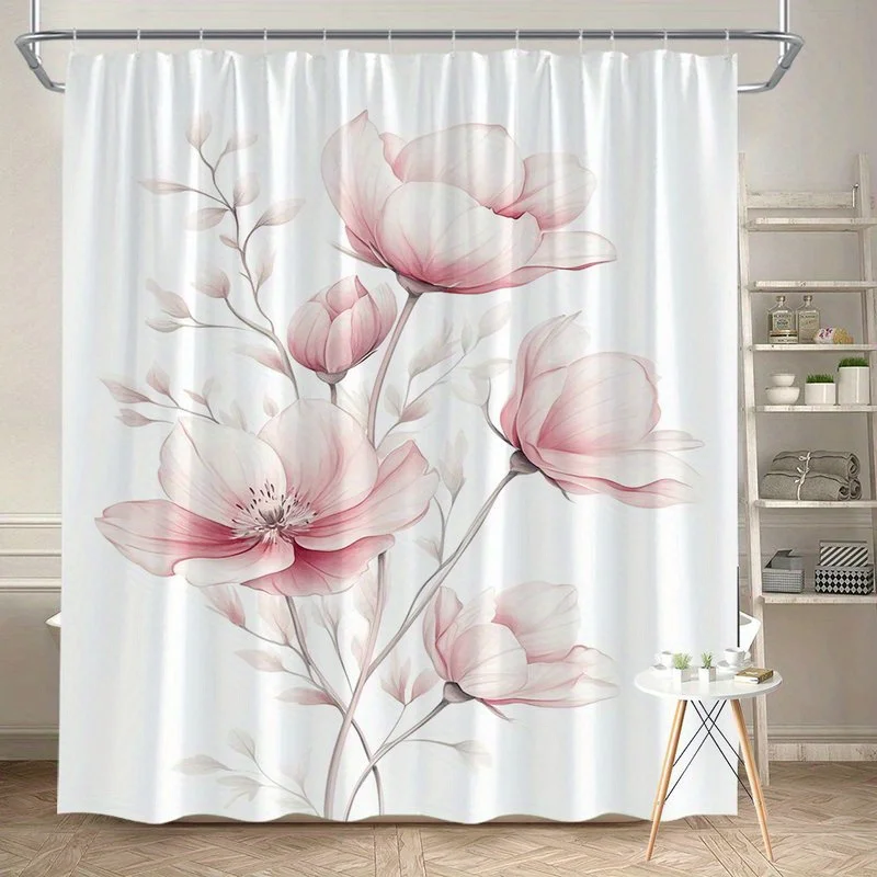 

1pc light pink and white peony pattern shower curtain, polyester fabric, machine washable, suitable for bathroom decoration