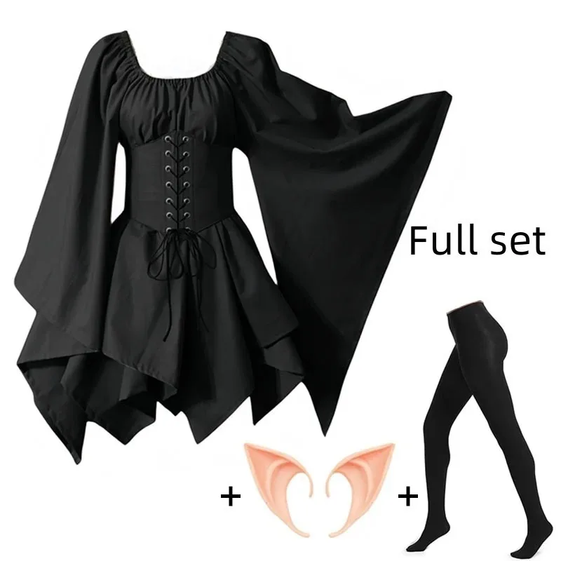 Abito Medievale Elfico Con Corsetto E Orecchie Da Elfo, Accessori Per Capelli E Calze, Taglie S-XXXL, Per Halloween E Cosplay