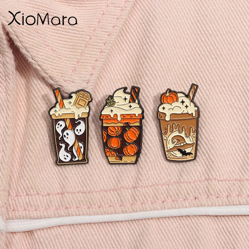 Image of Geist Kürbis Getränk Emaille Pins kreative Halloween Milch tee Eis Metall Broschen Revers Abzeichen Schmuck Geschenke für Kinder Freunde