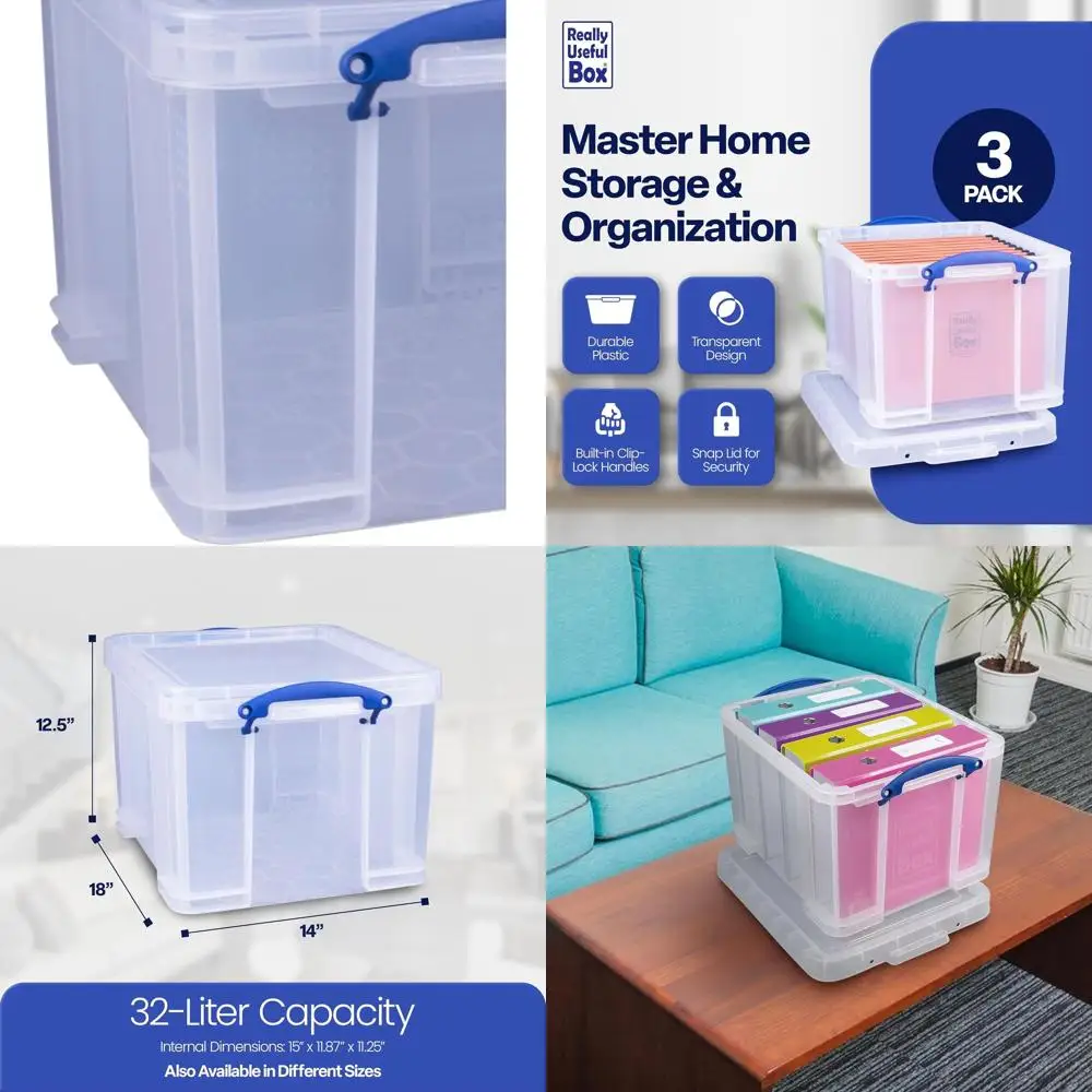 

Набор из 3 прозрачных пластиковых контейнеров для хранения с крышками и защелками, 32 л – Штабелируемые, портативные, прозрачные органайзеры для дома, гаража и т.д.