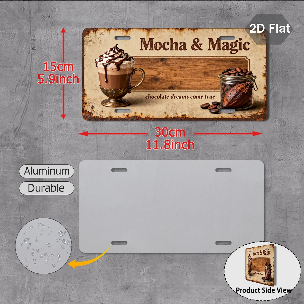 Mocha & Magic Coffee Vintage License Plate Sign (29.97cm x 14.99cm), Retro Decor For Car, Office And Cafe