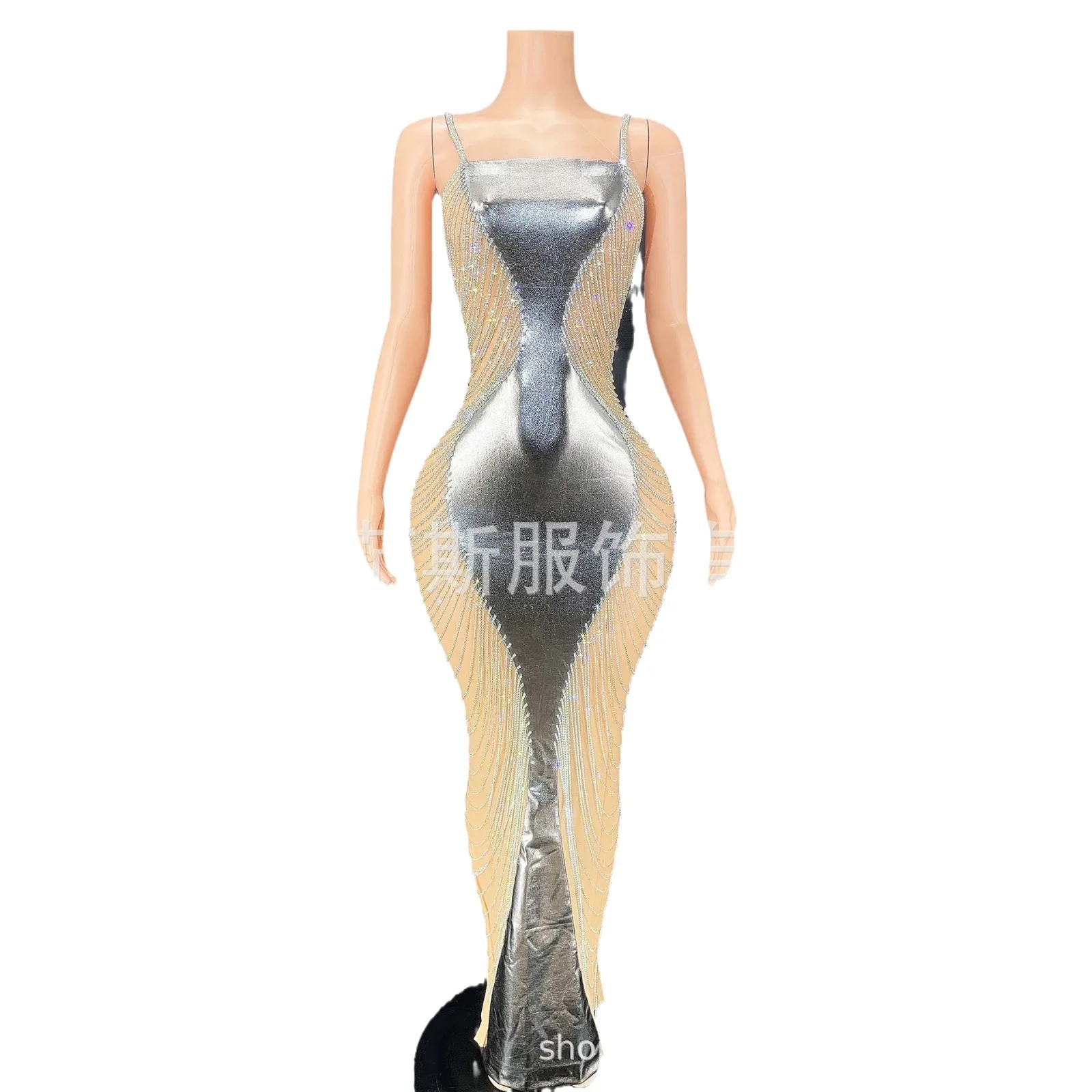 

Sparkling Sequins Diamond Fringed Silver Sleeveless Long Prom Dress - Elegant & Long Party High-End Performance Dazzling Dresses