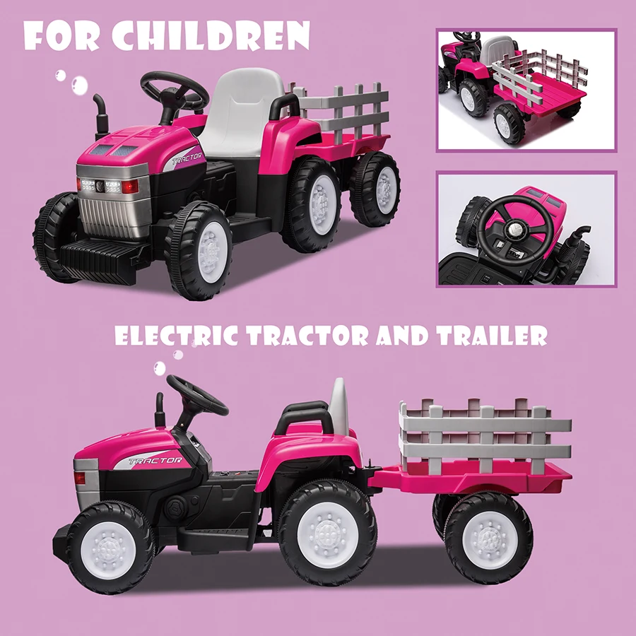 Pink 12V7Ah Electric Toy Tractor with Trailer, Remote, Dual Motor, LED Lights, Music, USB, Safety Belt - Ideal Gift for Kids