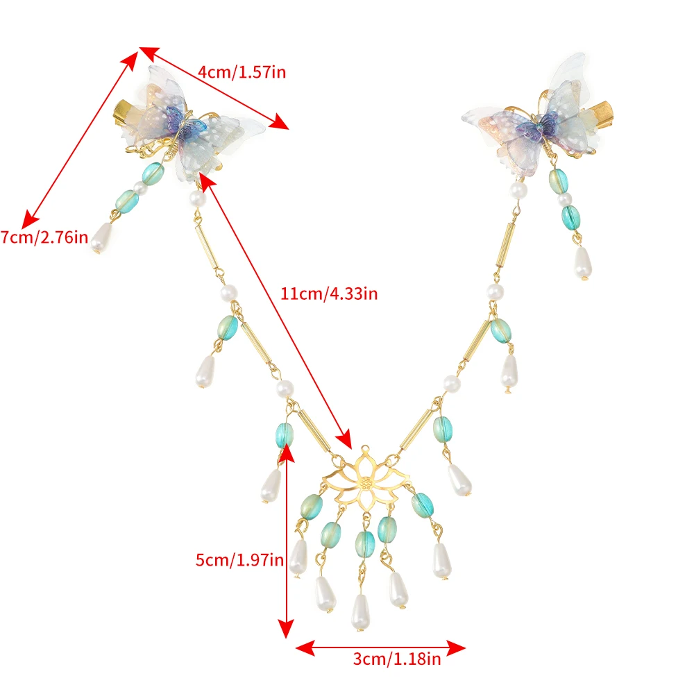 AWAYTR Chinese Style Flower Pearl Tasell Hairpin Butterfly Bow Hair Clip Chain Pendant Hairgrip for Kid Girls Hanfu Accessories