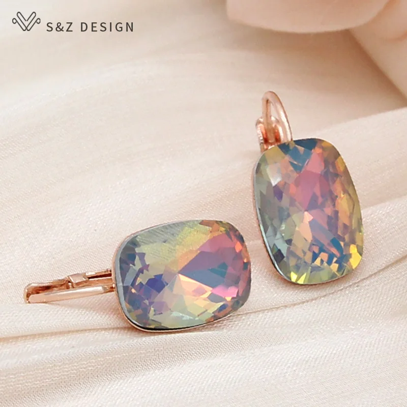 S&Z DESIGN New Fashion Rectangle Colorful Crystal Dangle Earrings For Women Wedding 585 Rose Gold Color Jewelry Eardrop