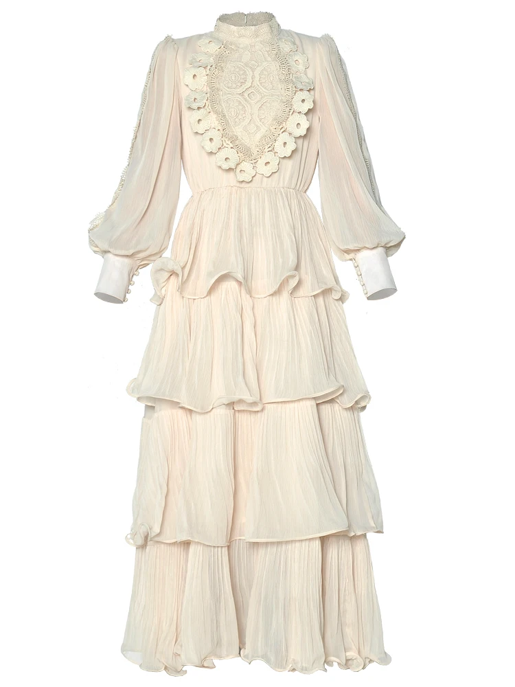 Lady's Long Cake Dress 2025 Spring And Summer Stand Collar Hook Hollow Out Embroidery Pleated Women's X-Long Dresses