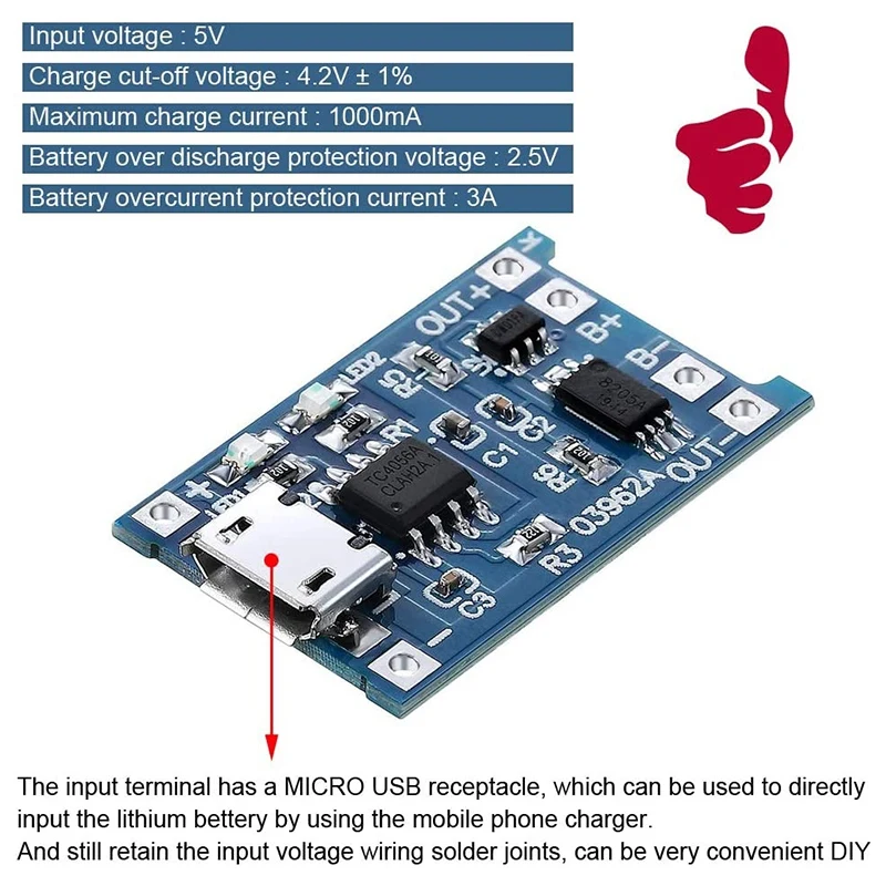 Carte de charge avec protection de batterie, TP4056, 18650 BMS, 5V Micro-USB, l'autorisation, 18650, 6 pièces