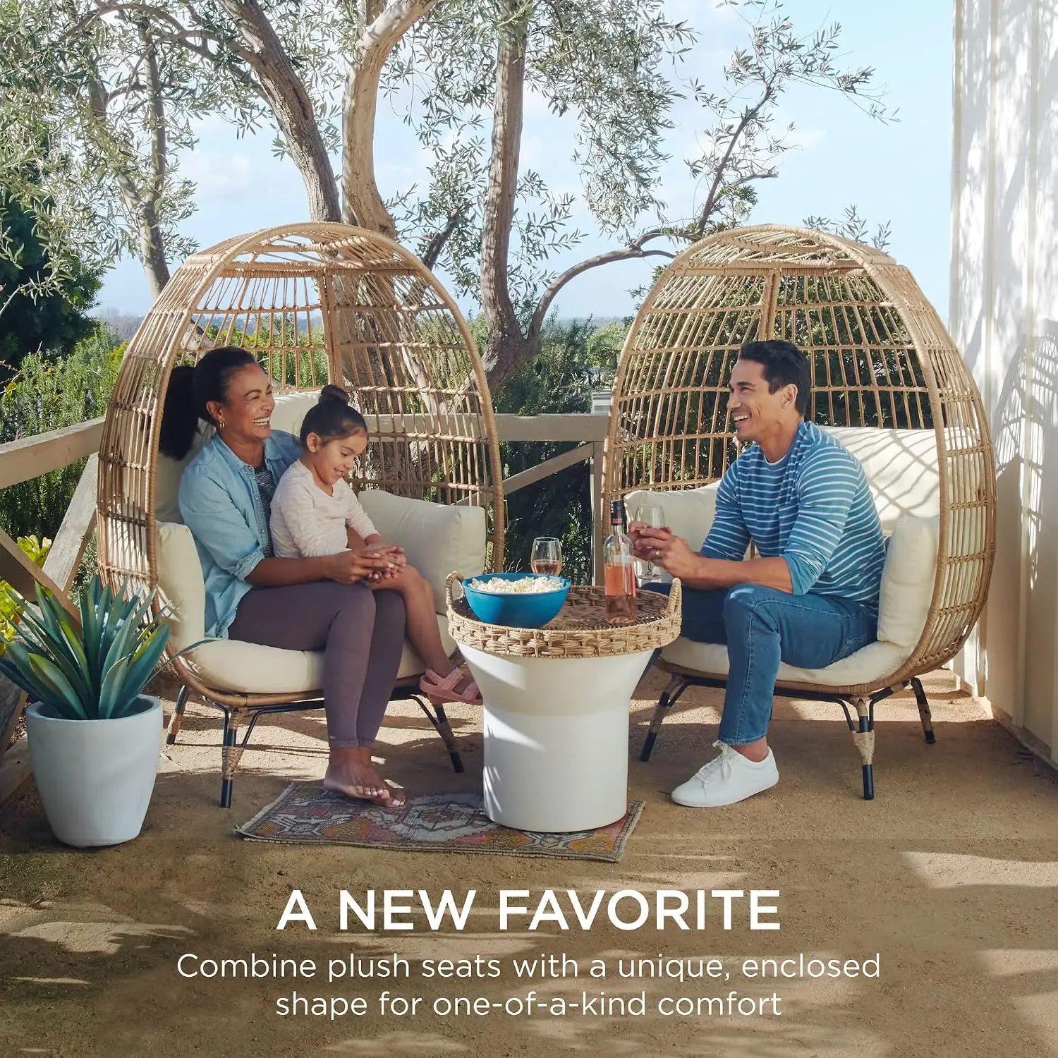 Oversized Wicker Egg Chair Indoor Outdoor Lounge Seating With Plush Cushions And Steel Frame For Patio Backyard Living Room Balcony Accent Furniture, Modern Ivory, 1 Piece