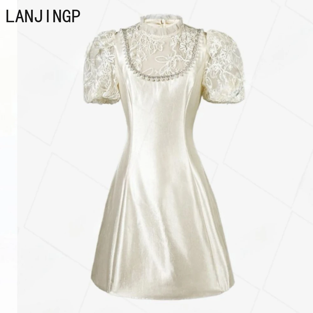 

Summer new female sweet temperament lace stand-up collar inlaid spring special, diamond A-shaped dress