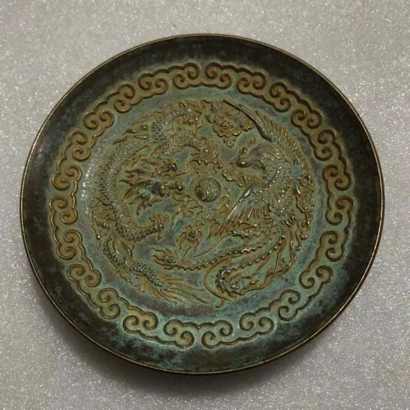 Antique miscellaneous items: distressed brass dragon phoenix auspicious tray, small decorative piece for home and office