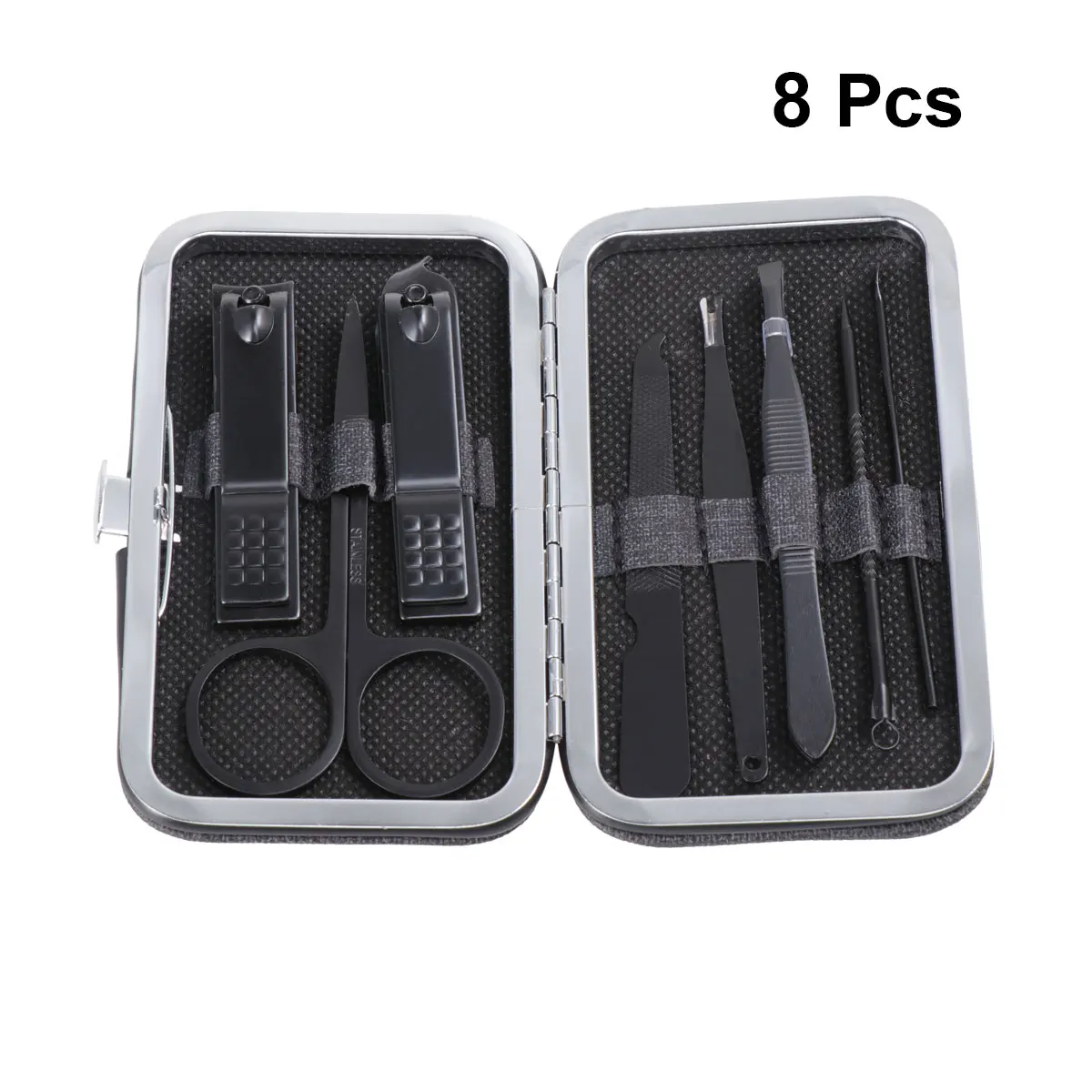 Ensemble de manucure en acier inoxydable, outils pour pédicure, toilettage, Kit de nettoyage des oreilles, outil de mise en forme des sourcils, étui Portable noir 8 pièces