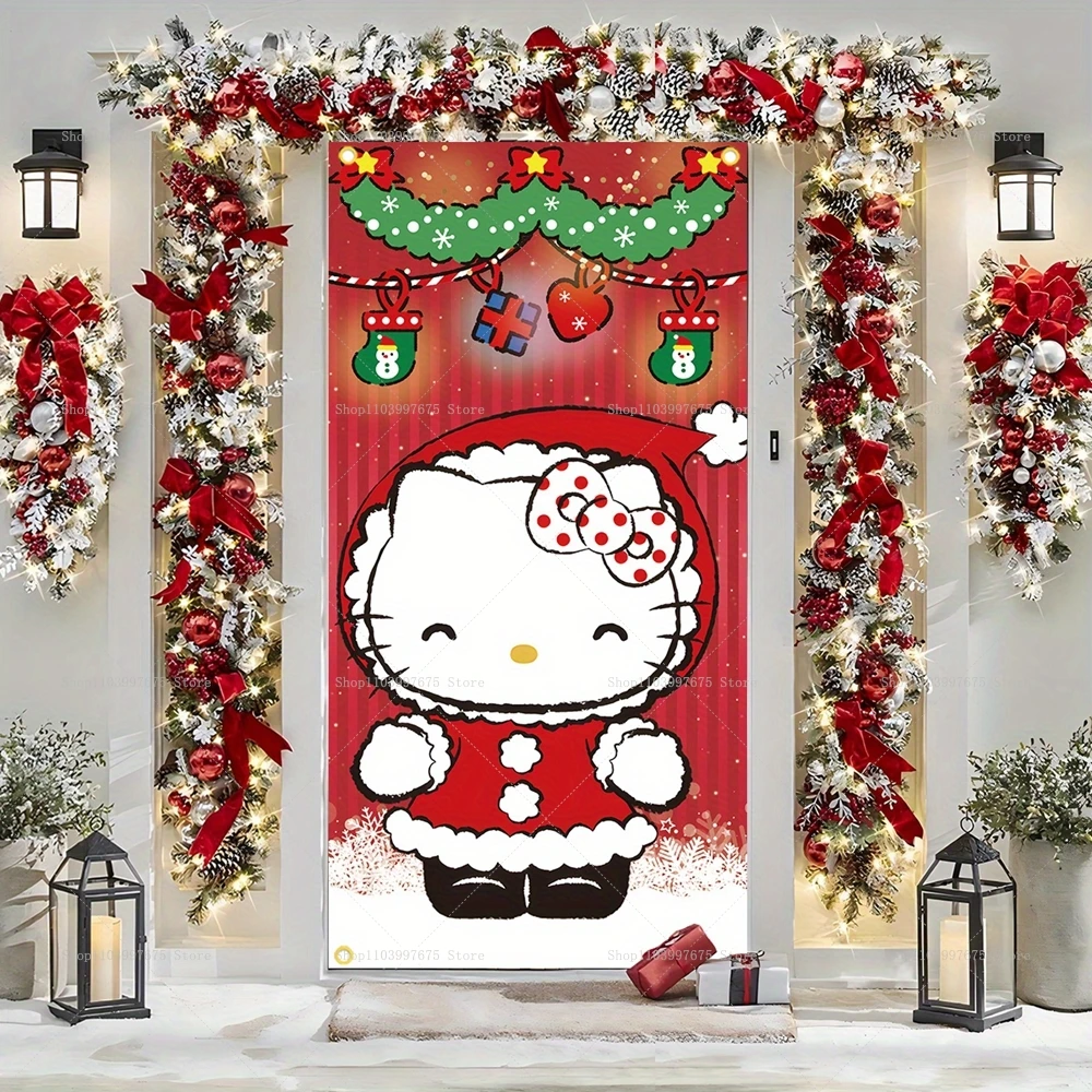 Merry Christmas Hello Kitty Door Cover Banner Cartoon Cat Xmas Tree Photography Backdrop Indoor Outdoor Porch Background Decor