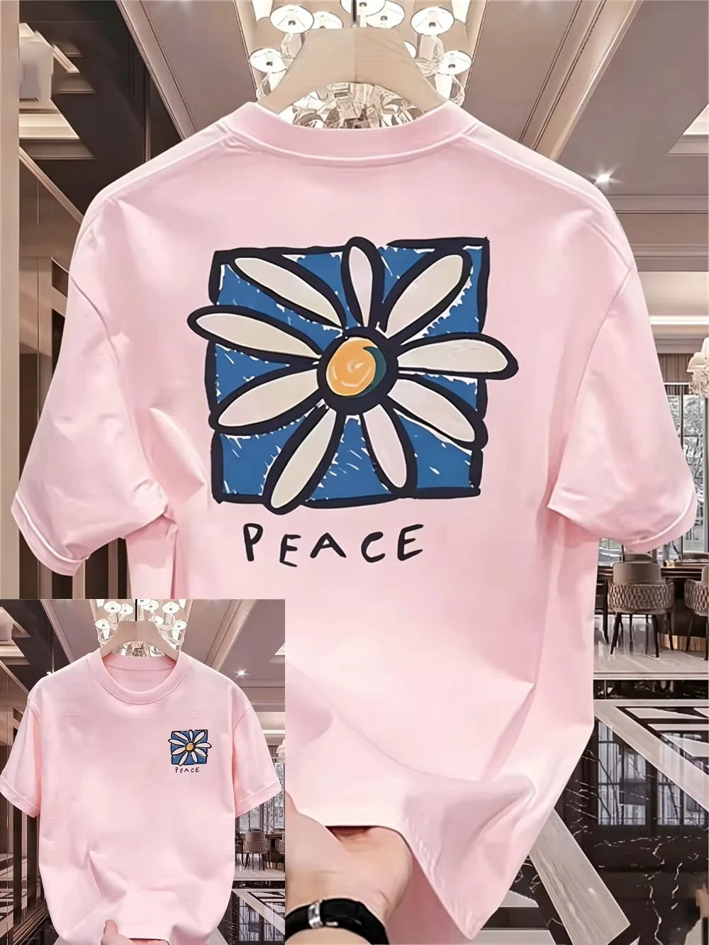 2026 Men's Loose T-Shirt with Hand-Drawn Daisies and Peace Flowers Pattern Short-Sleeved Unisex T-Shirt