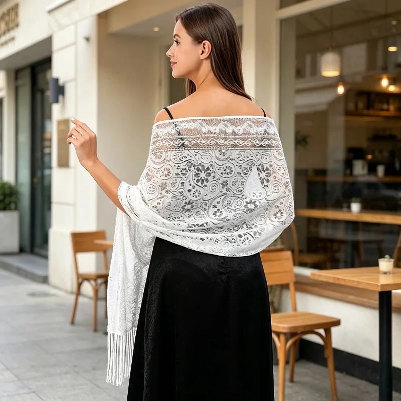 Women Hollow Lace Shawl Wrap with Tassel Fringe Lightweight One Size for Evening Parties Weddings Banquets and Formal Dresses