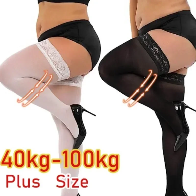 Plus Size High Elastic Stockings for Women Sexy Lace Thigh Sock Anti-slip Pantyhose Top Over Knee Ultra-thin Long Socks