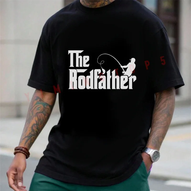 

Funny Fishing Rodfather With Fishing Rod & Fish Graphic Moto T-Shirt Cotton Men Summer Casual Short Sleeve O-Neck Tees