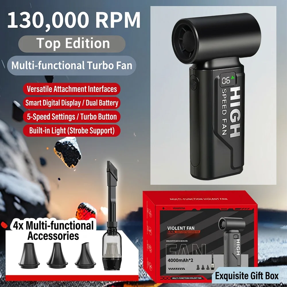 

Wireless Jet Fan Mini Air Blower 130000RPM Brushless 5 Gears Adjustable Turbo Blower LED Lighting Cordless Compressed Air Duster