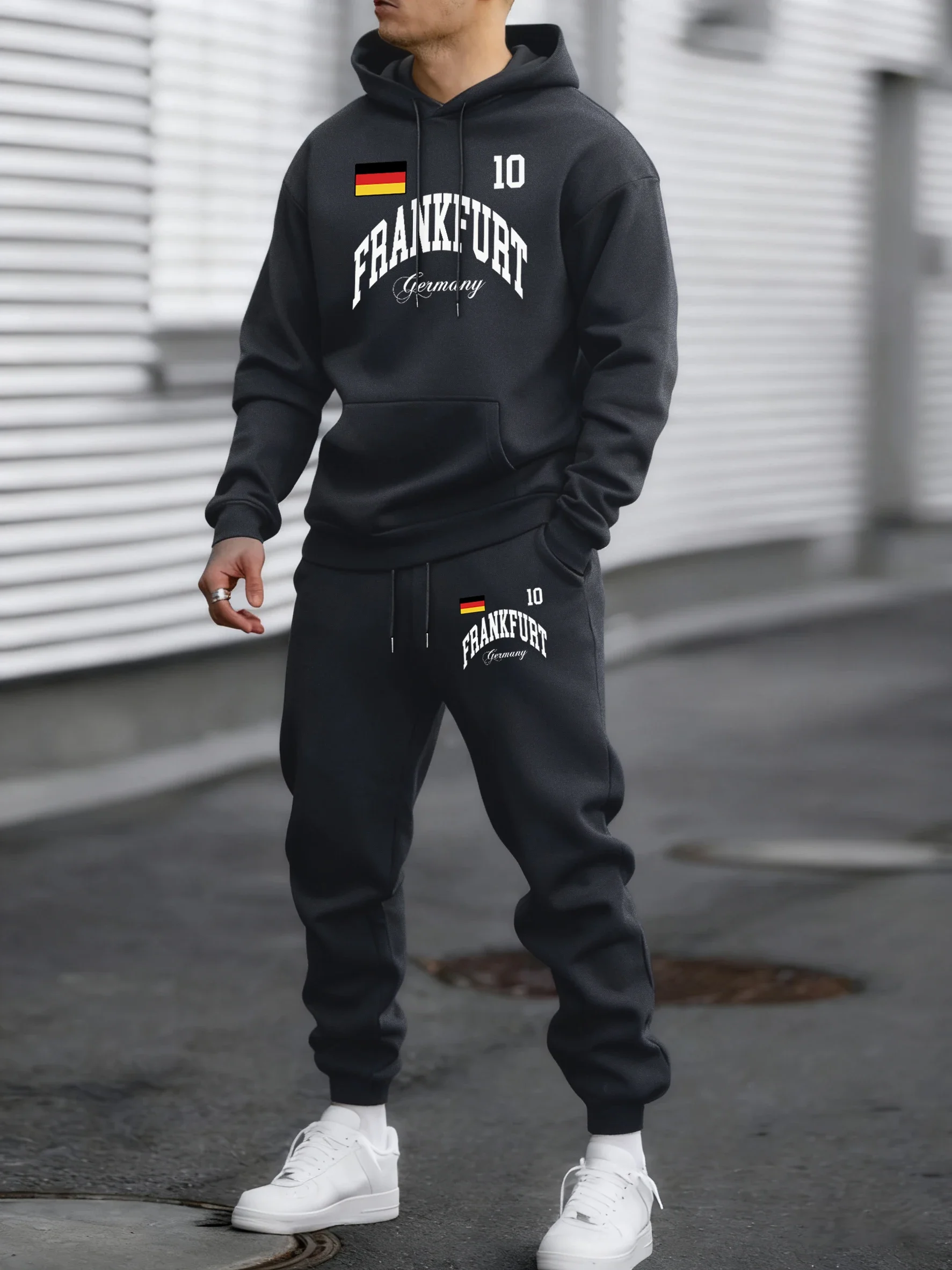 Men'S Autumn WinterFrankfurt Germany Flag Print  Hoodie Britches 2 Piece Set Fleece Warm Soft Sweatshirt Sport Comfy Sportpant
