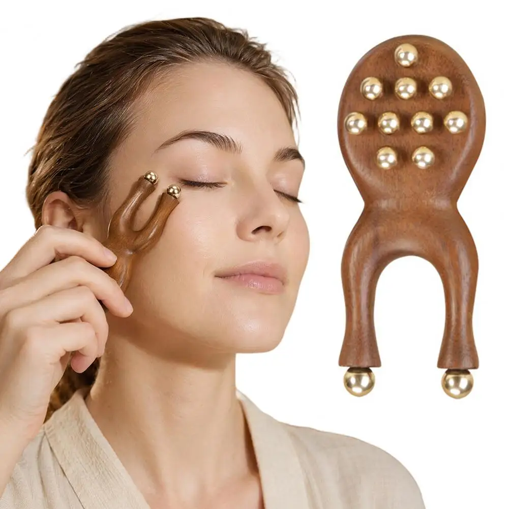 Sandalwood Facial Massage Roller with 12 Brass Beads Y-Shaped Ergonomic GuaSha Tool for Face Muscle Relaxation Blood Circulation