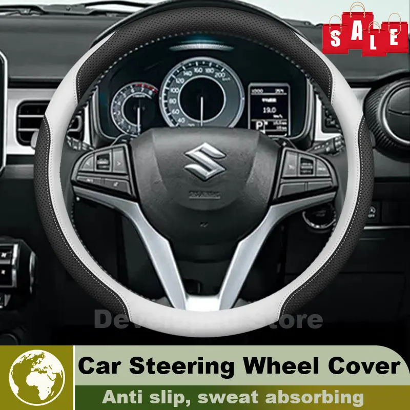 Leather Car Steering Wheel Cover For Suzuki Ignis 2003-2023 Round Auto Steering Wheel Interior Suzuki Ignis Accessories
