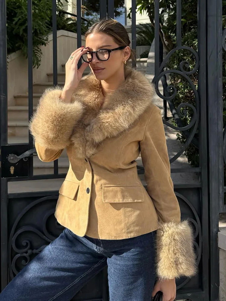 

HH Woman Long Sleeves Single Breasted Pocket Decoration Removable Fur Lapels Suede Suit Coat Female Leisure Coat