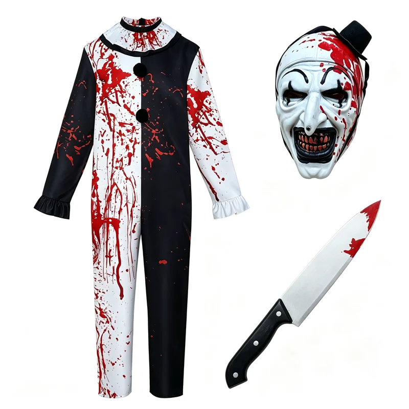 Bloody Clown Cosplay Costume Blood-Splattered One-Piece Suit Horror Killer Clown Mask Knives Complete Halloween Carnival Perfor