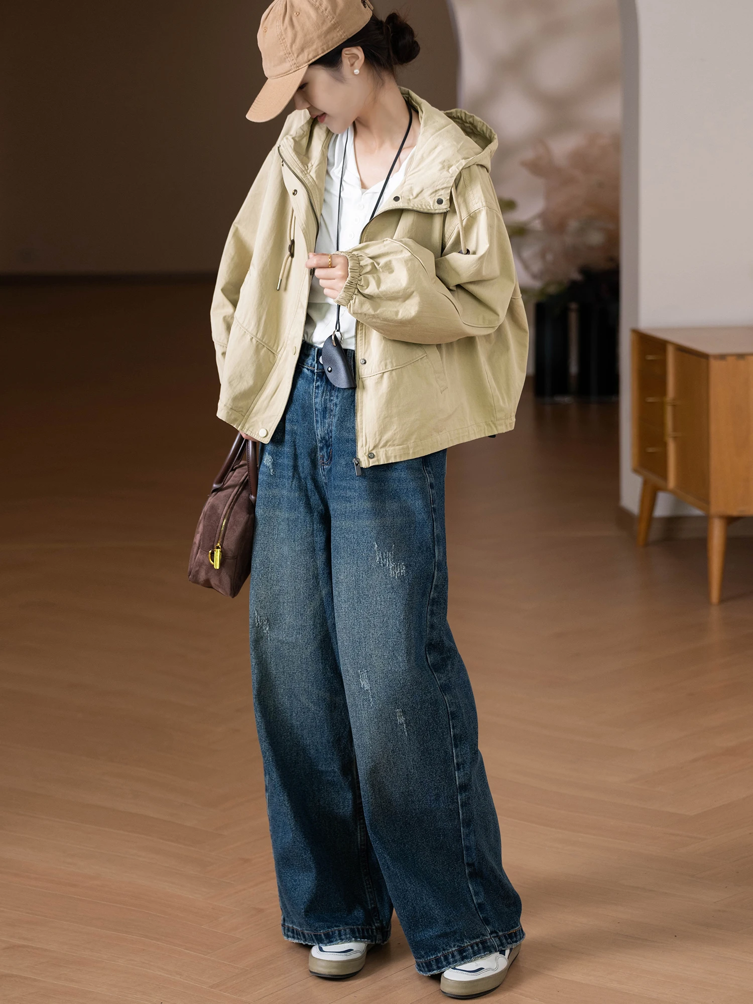 

Удобная хлопковая куртка с капюшоном, свободная посадка, универсальная верхняя одежда для похудения, брендовая повседневная одежда Little Ear Long Sve