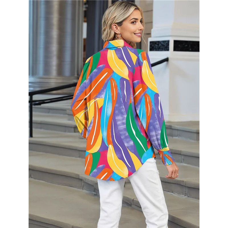 ABRT-Damskie Luźne Bluzki z Dekoltem w Serek i Nadrukiem z Bufiastymi Rękawami w Stylu Boho na Rok 2025