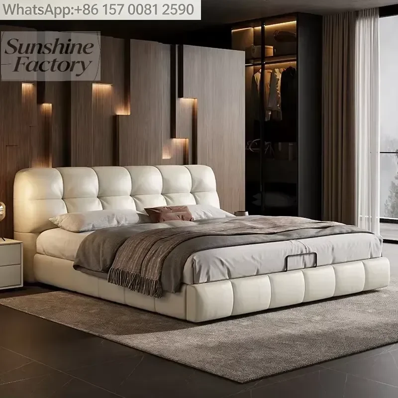 Minimalist Leather Bed Solid Wood Frame Soft Upholstered Bed with Hidden Storage Compartment for Master Bedroom