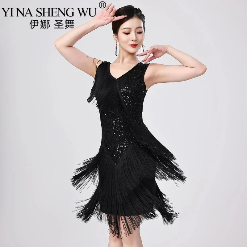 فستان شرابة للرقص اللاتيني مزين بالترتر للنساء فساتين أداء تانجو رومبا سامبا للبالغين ملابس حفلات المنافسة اللاتينية