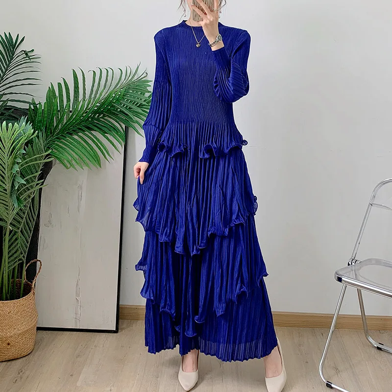 Miyake Middle East Long Heavy Industry Fungus Edge Pleated Lace Belt Long Dress Collar Loose Dresses 2024 Women's Clothing