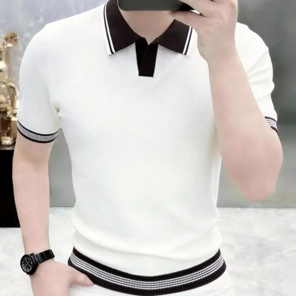 

Summer Contrast Color Stitching Short-sleeved T-shirt British Slim Lapel Knitted Striped Casual V-neck Polo Shirt Camisa Polo