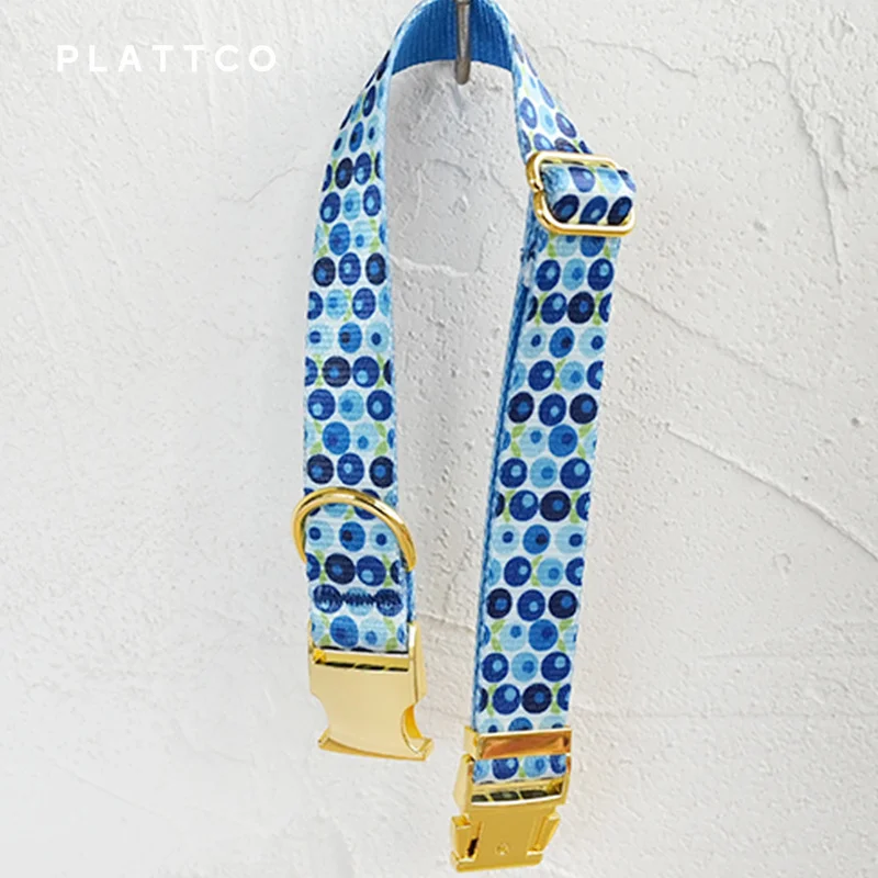 PLATTCO unique design dog collar print BLUE BERRY BOX pattern and high-quality gold buckle 5 size PDC328YG