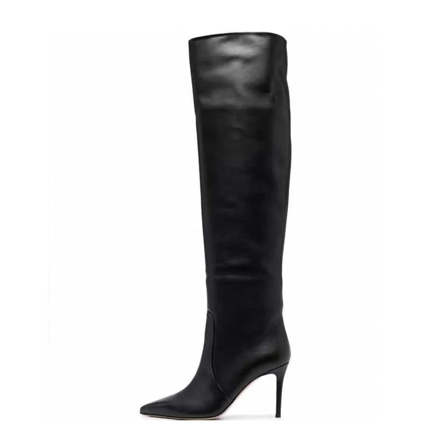 

Arden Furtado 2025 Black elastic knee high boots Stilettos Pointed toe Pull-on Stilettos heels Skinny boots Extra large size
