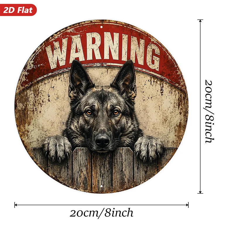 2D Flat, 1pc Guard Dog Warning Round Metal Sign Wall Art, Warning Header, German Shepherd Portrait, Home Decor, Suitable for Din