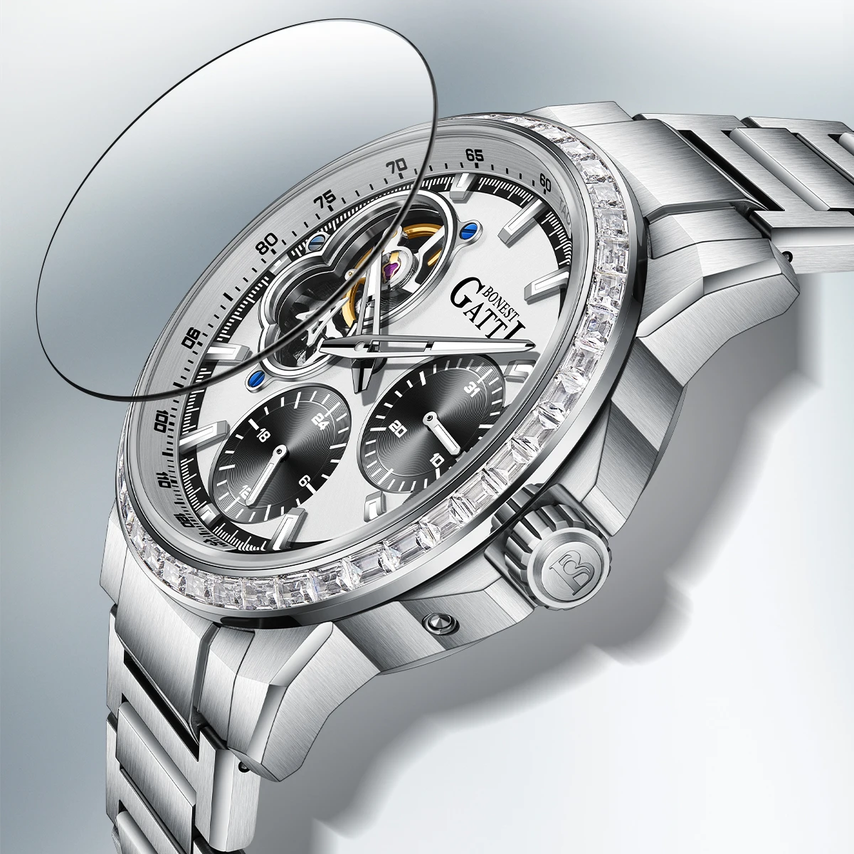 BONEST GATTI German Automatic Mechanical Watch Skeleton Business Sports Men's Wristwatch with Stainless Steel Bracelet Multi-Fun