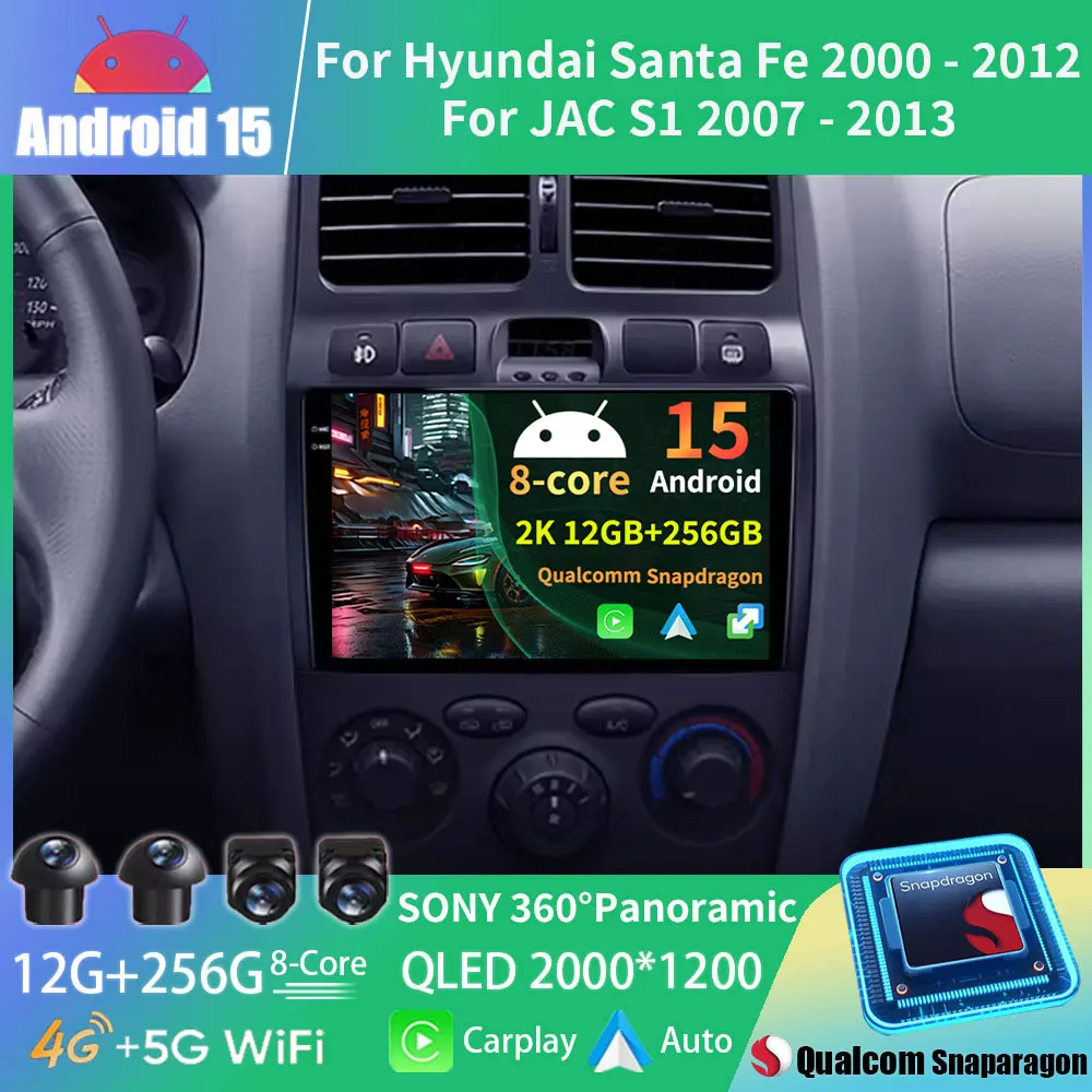 Android 15 для Hyundai Santa Fe SM 2000-2012, автомобильный радиоприемник Carplay, мультимедийный плеер, авто видео, GPS-навигация, головное устройство 4G
