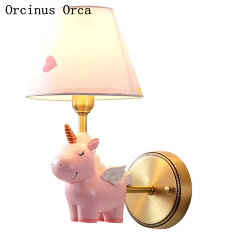 Nordic simple pony wall lamp Boy Girl Bedroom children's room bedside lamp American all copper cartoon Unicorn wall lamp