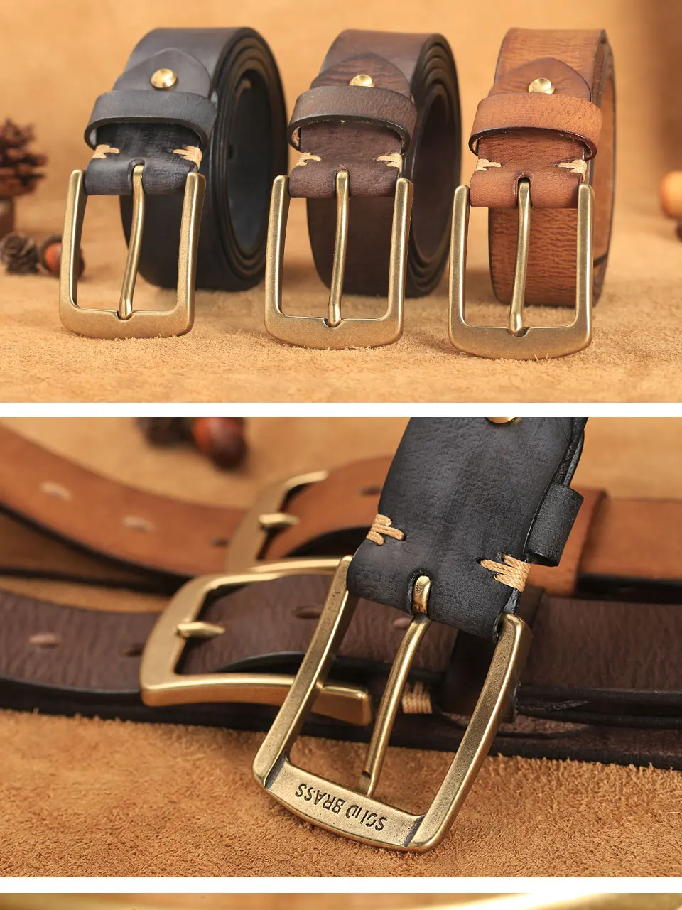 Echtledergürtel für Herren, handgefertigt, Vintage-Kupferschnalle, Herrengürtel, modisch, hochwertiges Rindsleder, Herrenriemen für Jeans – Detail 7