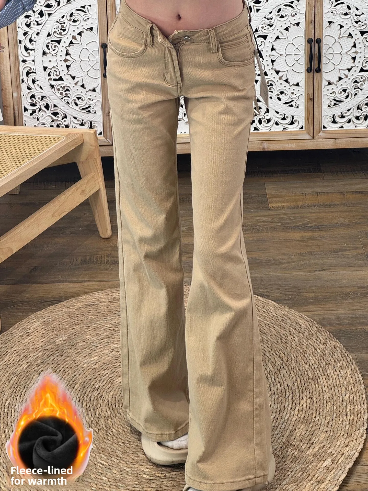 

Khaki Color Fleece Lined Low Waist Straight Leg Bell Bottom Jeans for Women Autumn Winter Fashion Casual High Waist Wide Leg ...
