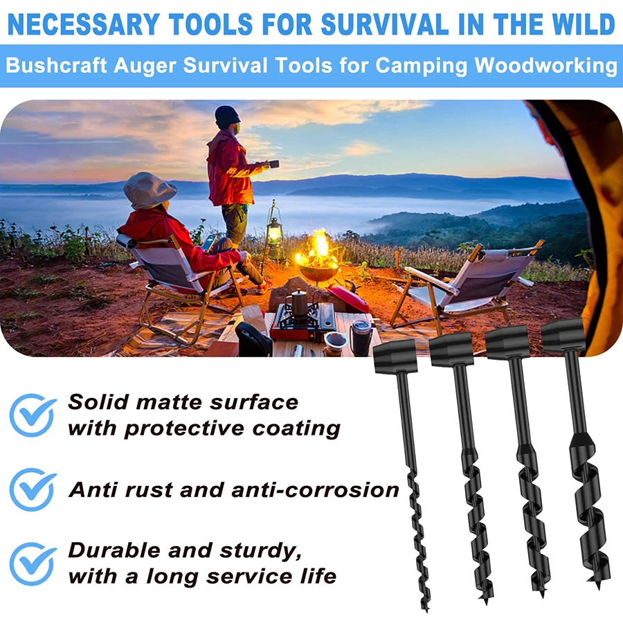 Manual spiral wood drill, used as a wilderness survival tool for camping, outdoor activities, and hiking