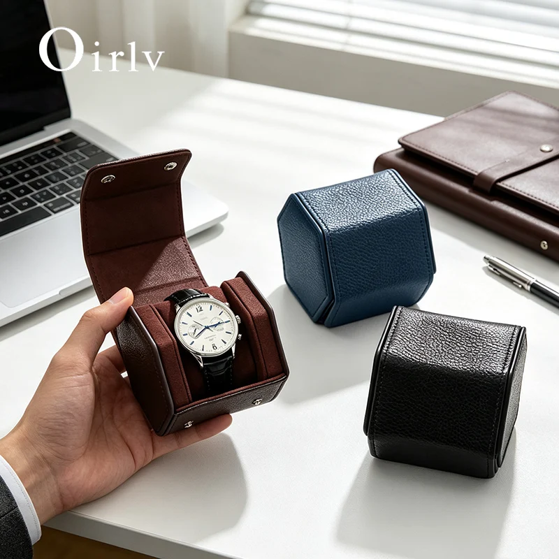 Oirlv Portable Watch Box Leather Watch Organizer Hexagon Watch Storage Box With Pillow Wristwatch Bag Birthday Gift Watch Case