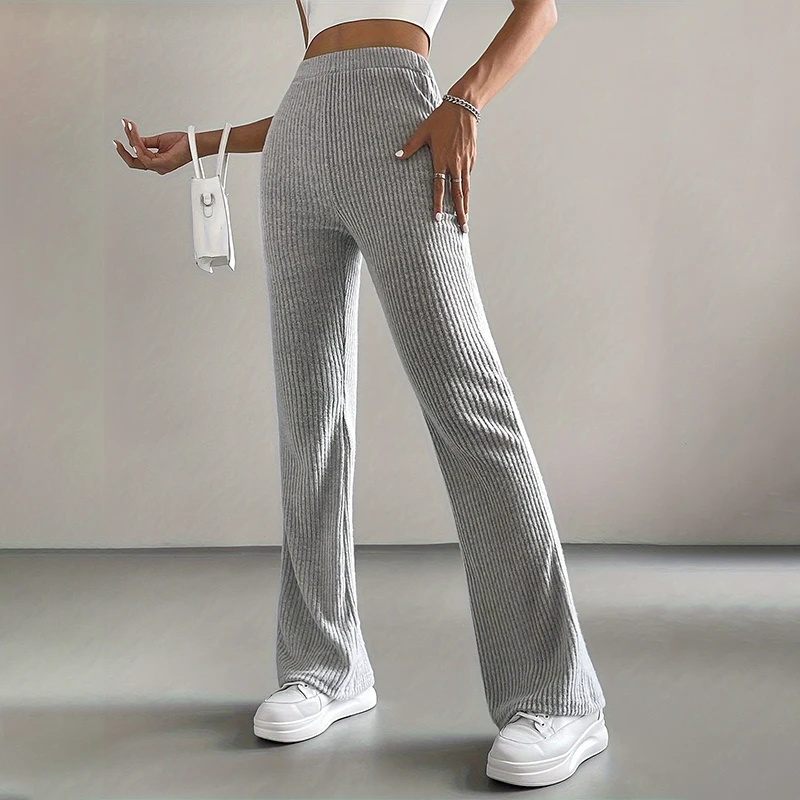Fashion Screw Thread Knitted Bell Bottom Pants Women Simple All-Match Solid Long Trousers New High Waist Skinny Slmming Trousers