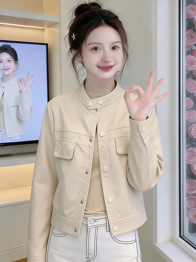 

Sli Cact Leather Jaet Women's Loose Fit Stand Collar Spring 2026 Versatile Faionable Outerwear Breathable Long Sve