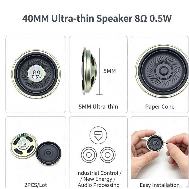 2pcs Ultra-thin Paper Cone Speaker 8 Ohm 0.5W 8R 40MM Diameter 5MM Thickness Round Loudspeaker DIY Audio Parts