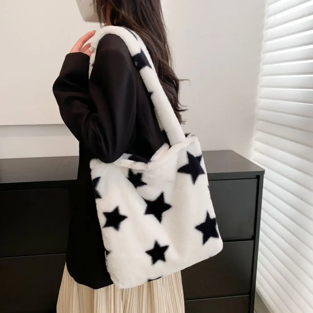 Fluffy Flower Plush Tote Bag Sweet Large Capacity Handbag Plush Shoulder Bag Underarm Bag Crossbody Bag Star Tote Bag Winter